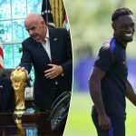 Split image showing Donald Trump and Gianni Infantino with the FIFA World Cup trophy next to a picture of soccer player Folarin Balogun.