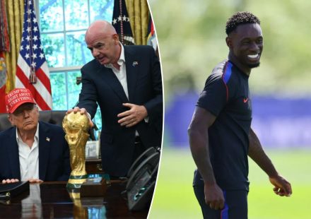 Split image showing Donald Trump and Gianni Infantino with the FIFA World Cup trophy next to a picture of soccer player Folarin Balogun.