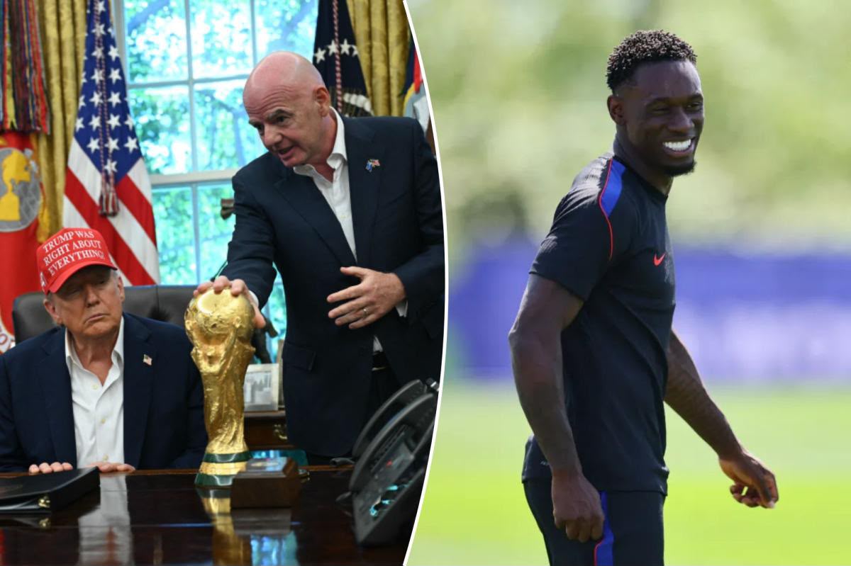 Split image showing Donald Trump and Gianni Infantino with the FIFA World Cup trophy next to a picture of soccer player Folarin Balogun.